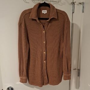 Mate Women's Coffee Brown Organic Cotton Waffle Knit Button-Up Top (Size M)